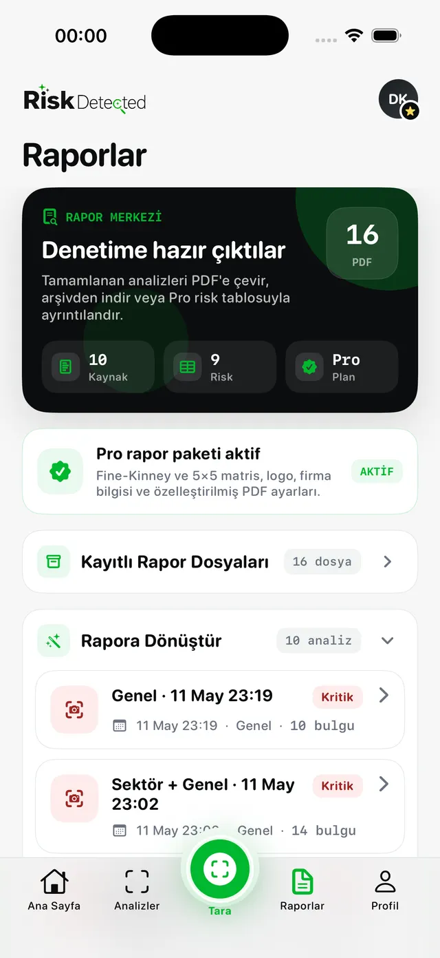 RiskDetected rapor merkezi ve kayıtlı raporlar ekranı