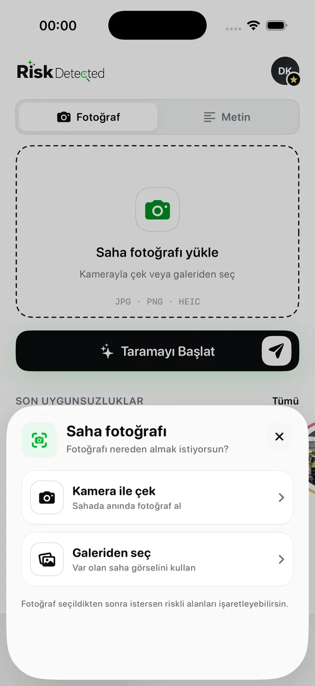 RiskDetected uygulamasında saha fotoğrafı seçme ekranı